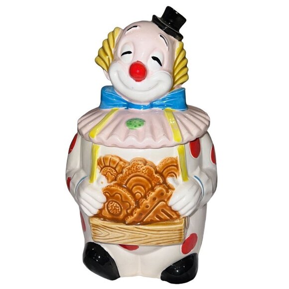 New Vintage‎ Cookie Jar Made in Japan Ceramic Clown Hat Bow Tie Ruffled Collar - Picture 1 of 14